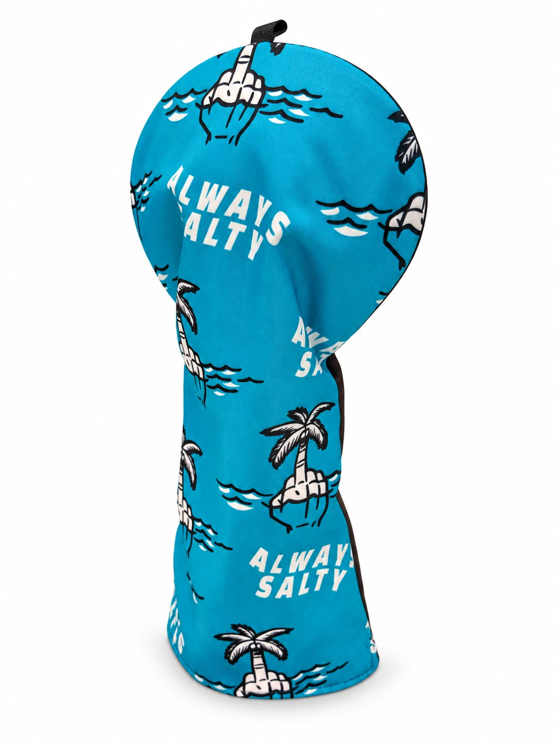 Close-up of the real blue headcover fabric and its palm-tree middle-finger graphic.
