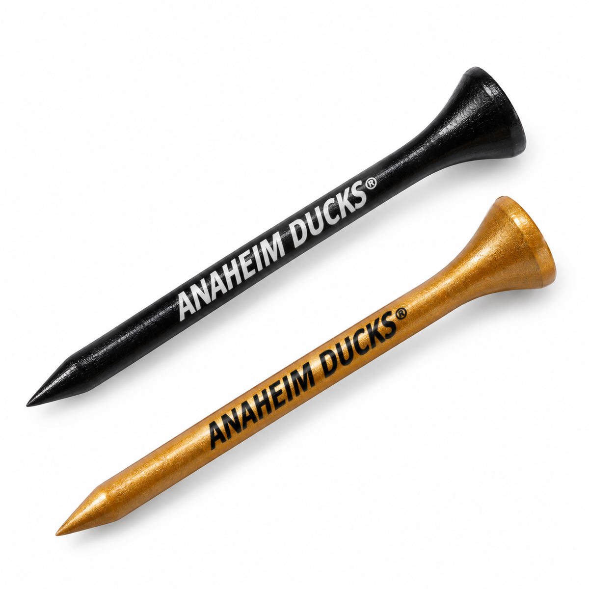 Anaheim Ducks golf tees in black and metallic gold with team lettering.