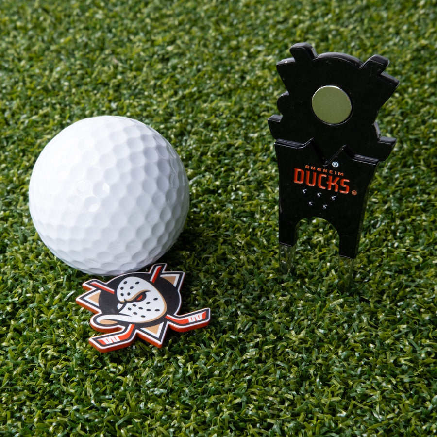 Anaheim Ducks tool and its logo-shaped marker on the green