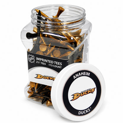 Anaheim Ducks jar containing 175 2¾-inch golf tees with its separate team-logo lid.