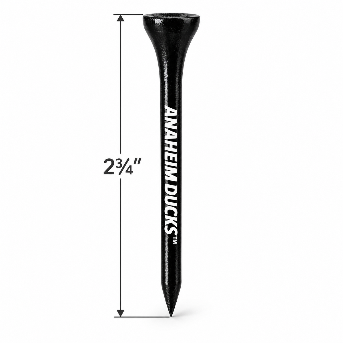 Black Anaheim Ducks golf tee with a 2¾-inch height measurement.