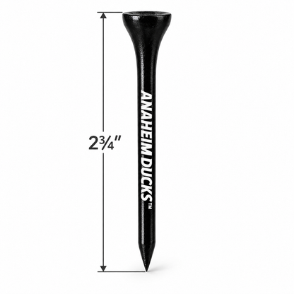 Black Anaheim Ducks golf tee with a 2¾-inch height measurement.