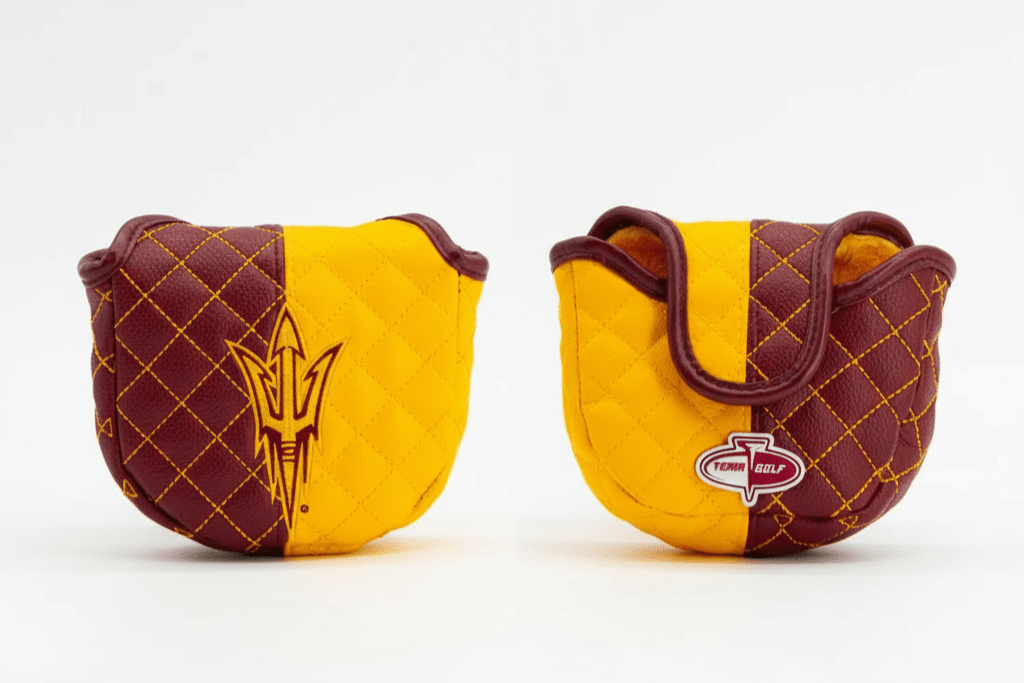 Two quilted golf club covers, one with a logo on a white background