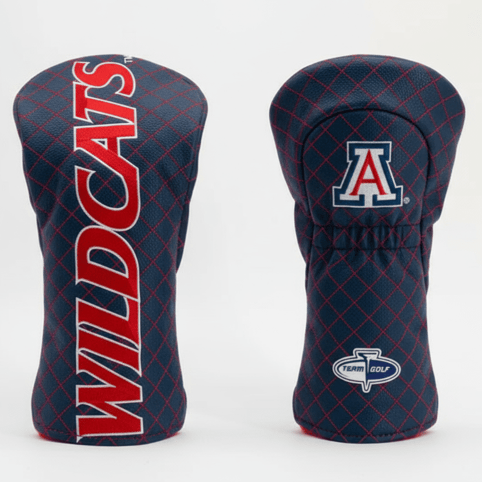 Two golf club head covers, one with 'Wildcats' text and the other with a logo, on a white background.