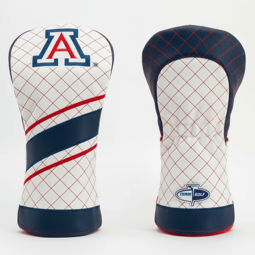 Two golf club head covers with grid pattern and team logos on a white background