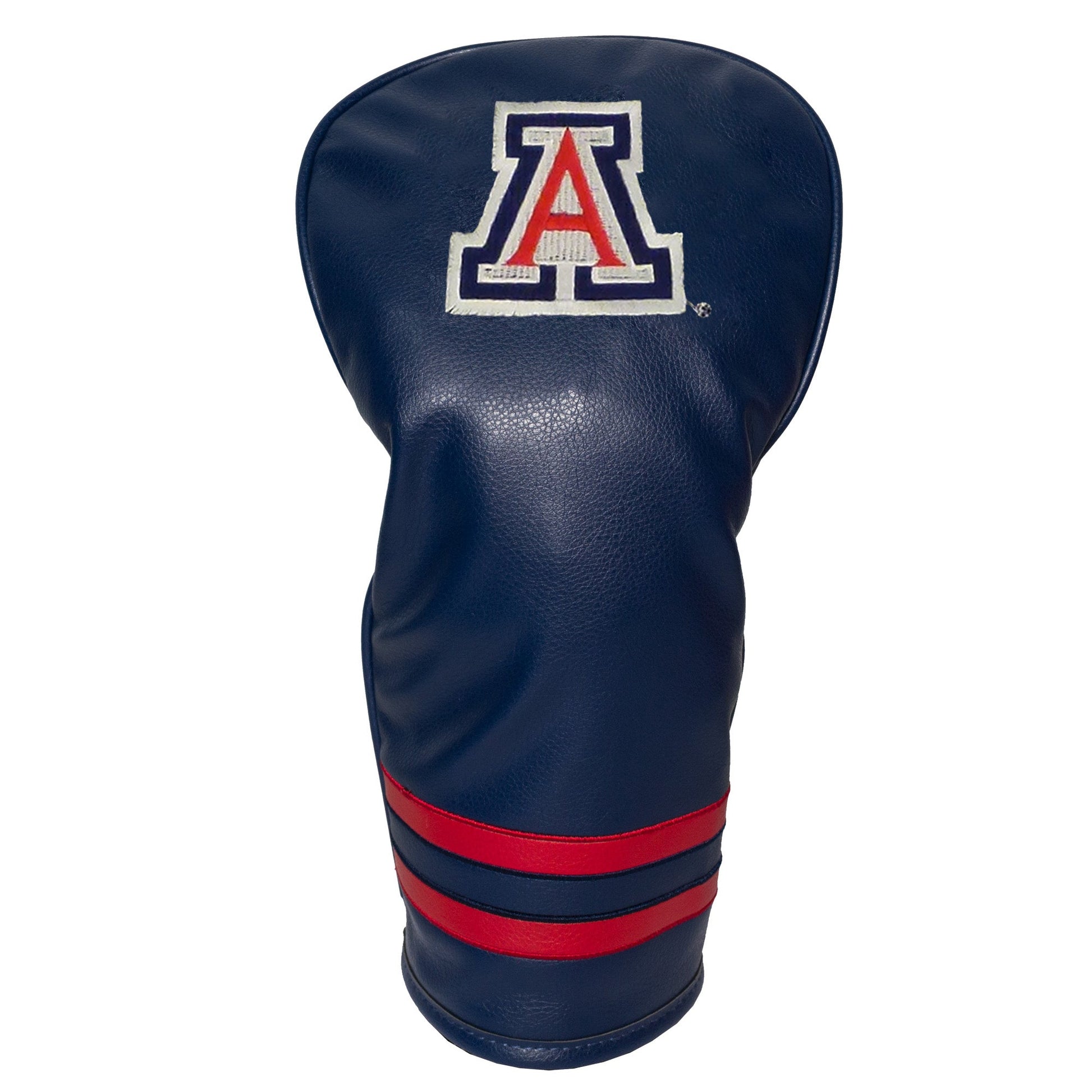 Navy blue golf club head cover with red stripes and a logo on a white background