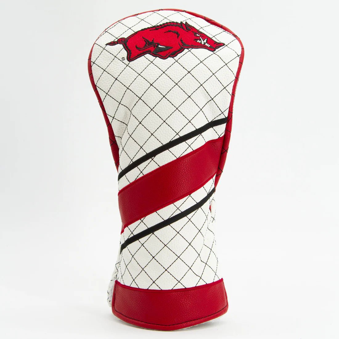 Golf club head cover with red and white design on a white background