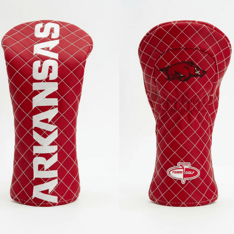 Two red golf club head covers with 'ARKANSAS' text and logo on a white background
