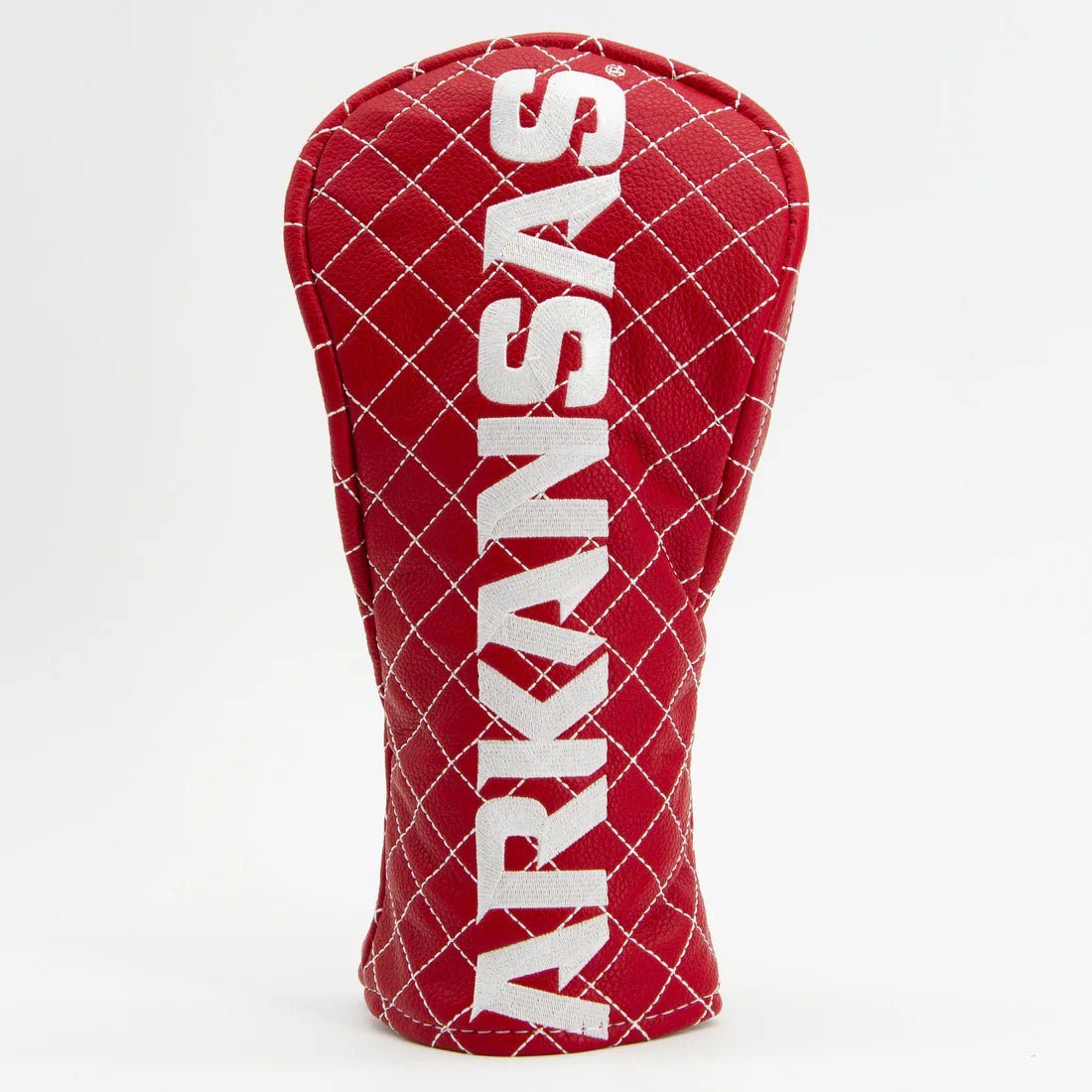 Red golf club head cover with 'ARKANSAS ' text on a white background