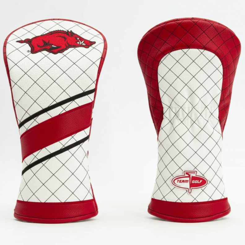 Two golf club head covers with a grid pattern and red accents on a white background