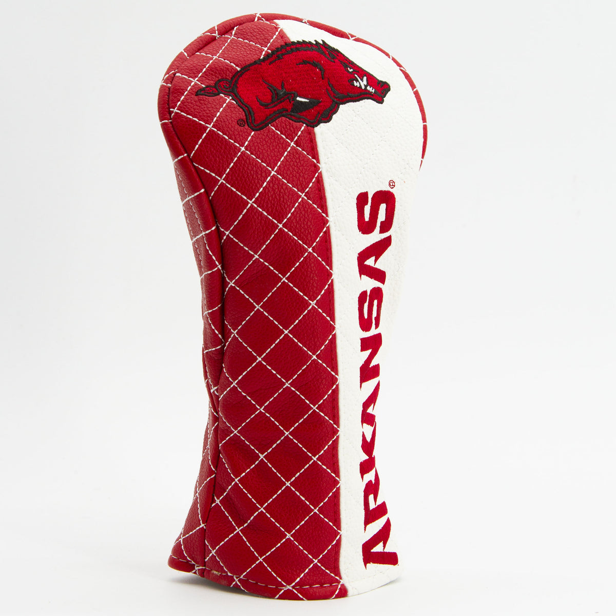 Arkansas Razorbacks Split Quilted Fairway Headcover, close-up of the diamond stitching and textured exterior