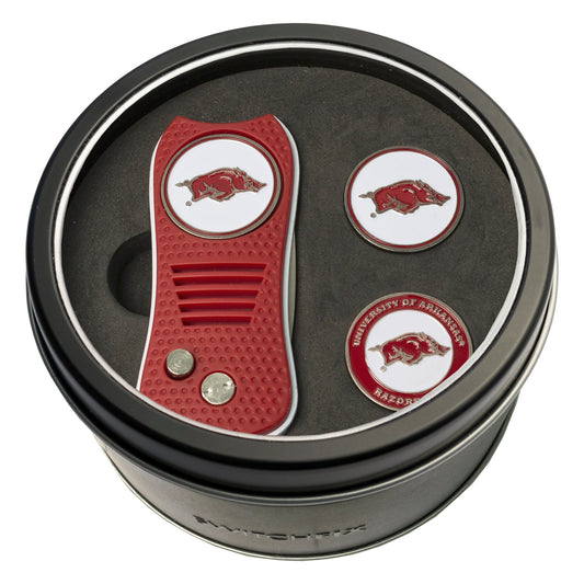 Arkansas Razorbacks Switchblade divot tool and ball marker tin gift set