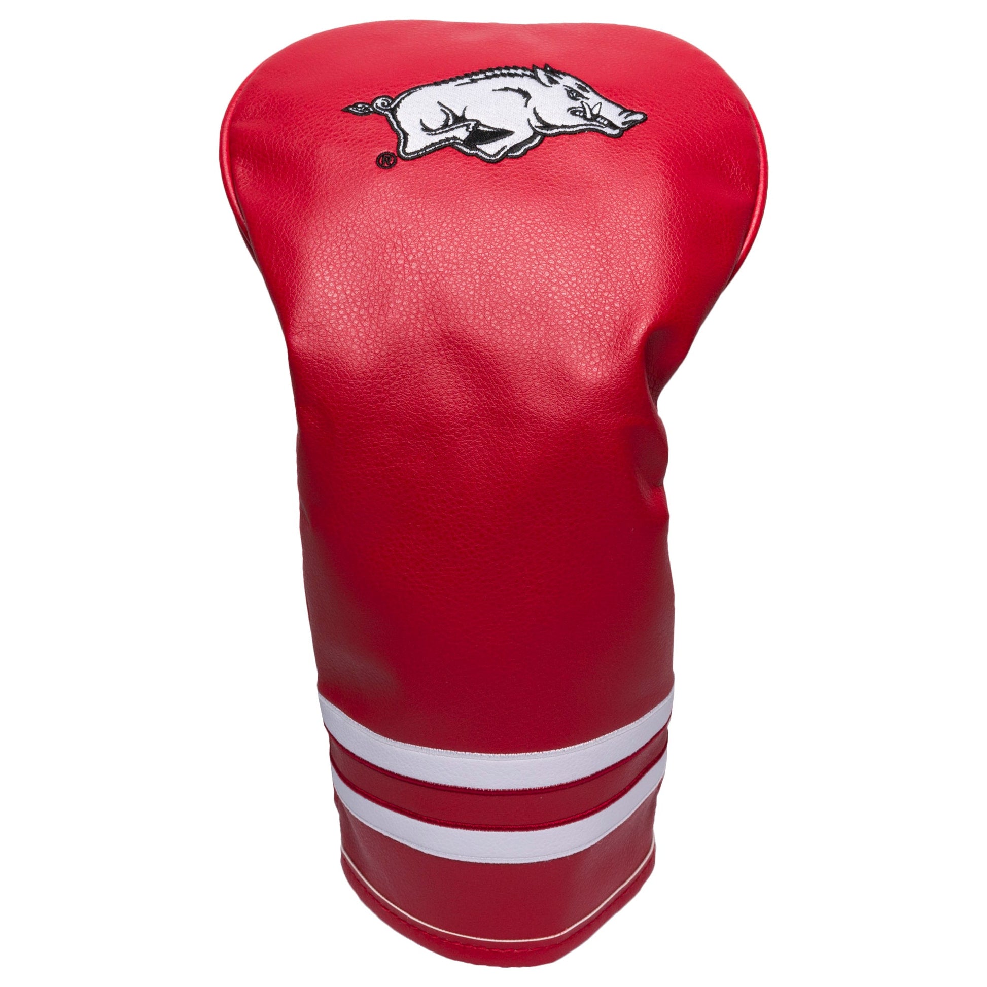 Red golf club head cover with a white logo on a white background