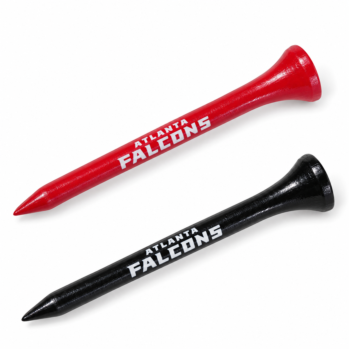 Atlanta Falcons golf tees in red and black with team lettering.