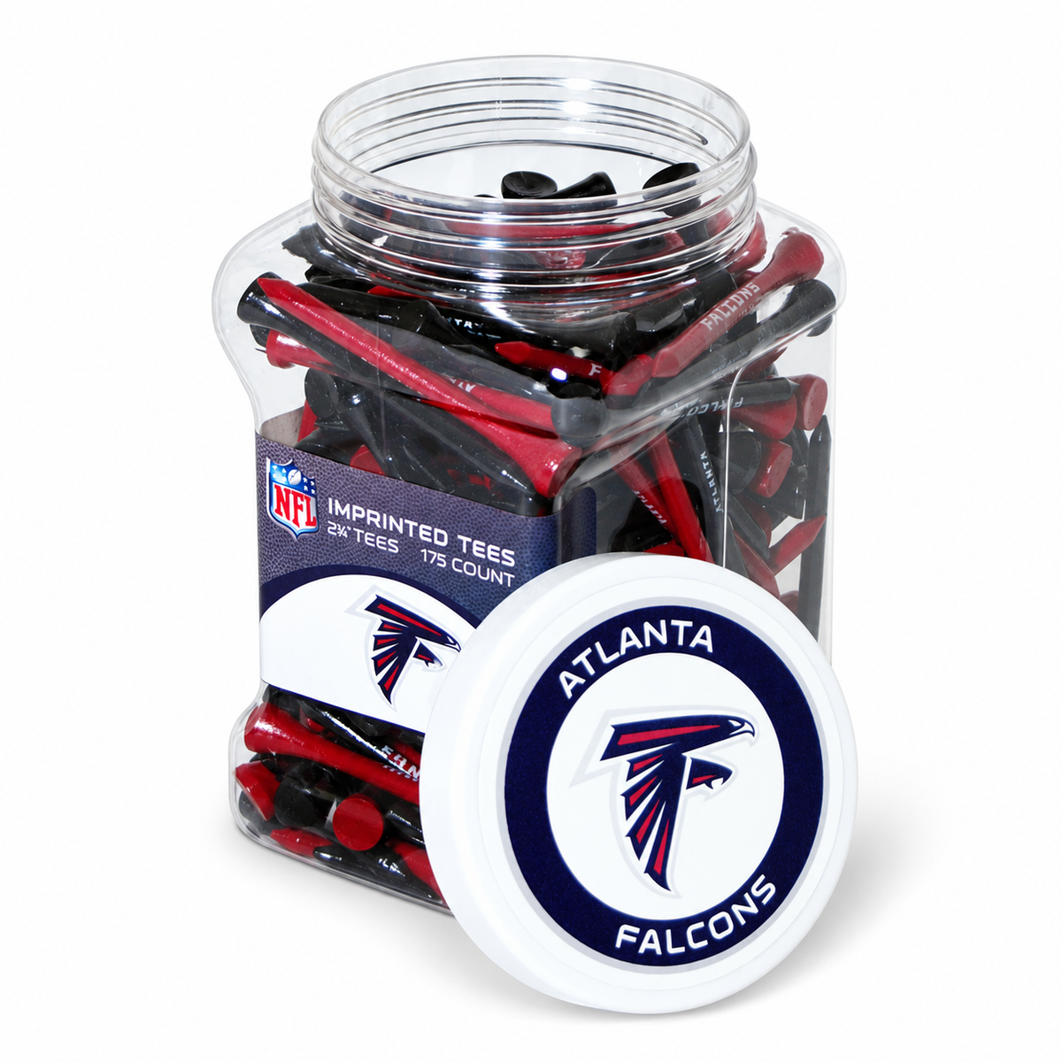Atlanta Falcons jar containing 175 2¾-inch golf tees with its separate team-logo lid.
