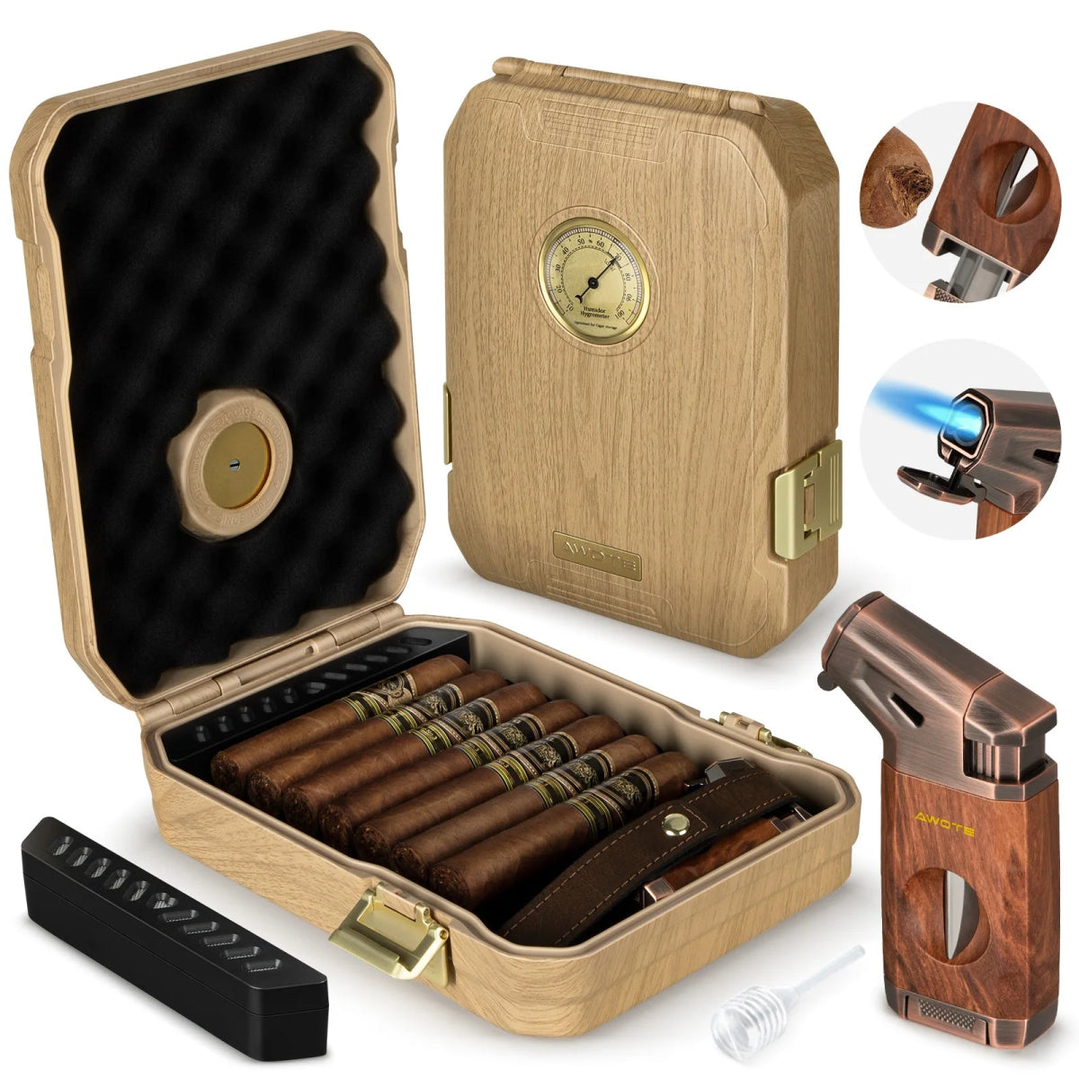 AWOTE Travel Cigar Humidor & Lighter Set - Club Rehab - Cigar AccessoriesKhaki45461531066560|45461531132096