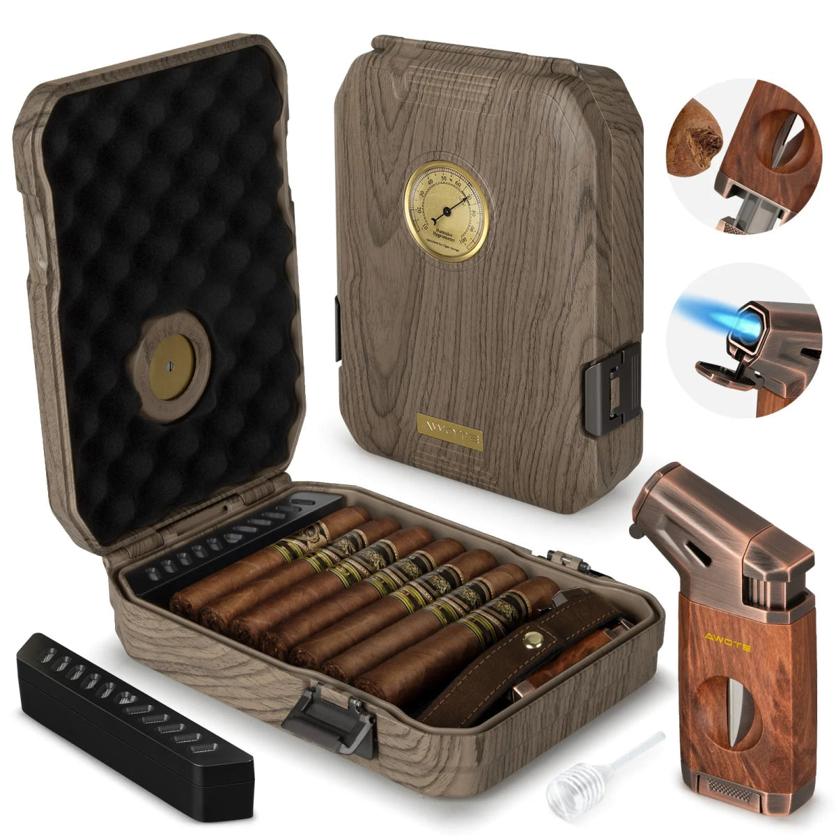 AWOTE Travel Cigar Humidor & Lighter Set - Club Rehab - Cigar AccessoriesBrown45461530902720|45461531001024