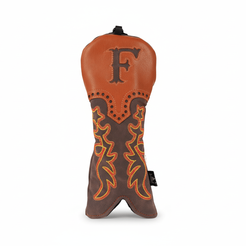 Brown leather golf club head cover with decorative patterns and letter 'F' on a white background