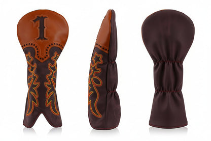 Brown and orange leather golf club head covers with decorative patterns on a white background