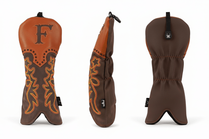 Brown and orange leather golf club head cover with decorative patterns on a white background