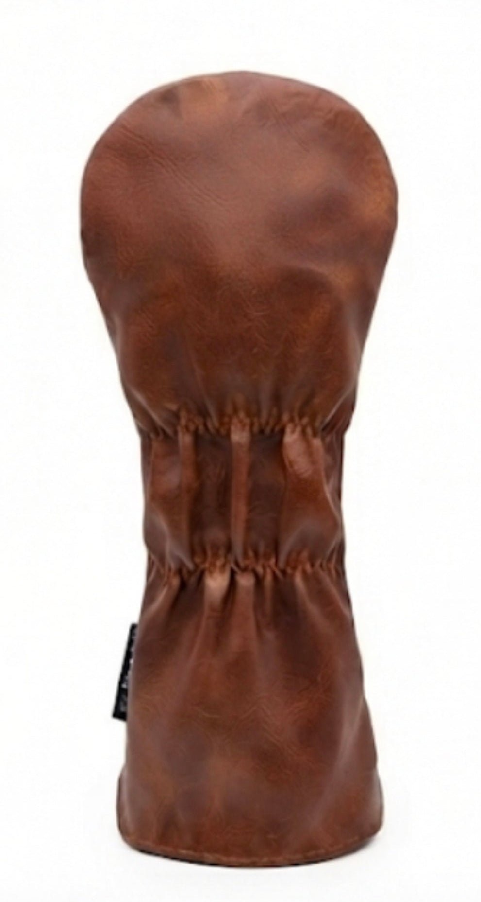 A brown leather golf club headcover with a textured finish and elasticized lower opening, shown against a plain white background.