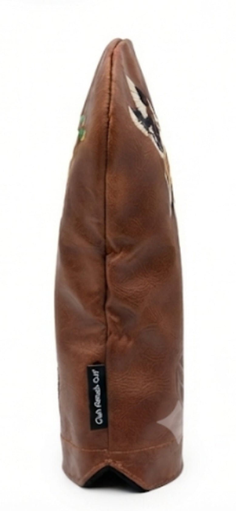 Three views of a brown faux-leather golf club headcover on a white background, showing the front, side, and top details. A small black fabric tag on the side reads 'GOLF CLUB HEADCOVER'.