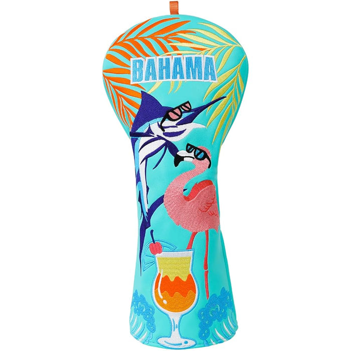 Colorful golf club head cover with tropical design and 'Bahama' text on a white background