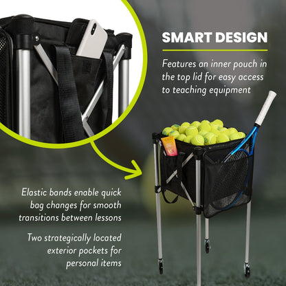 Ball Tote & Cart - Portable Teaching Cart with Black Ball Tote Bag for Tennis and Pickleball Pros - Club Rehab