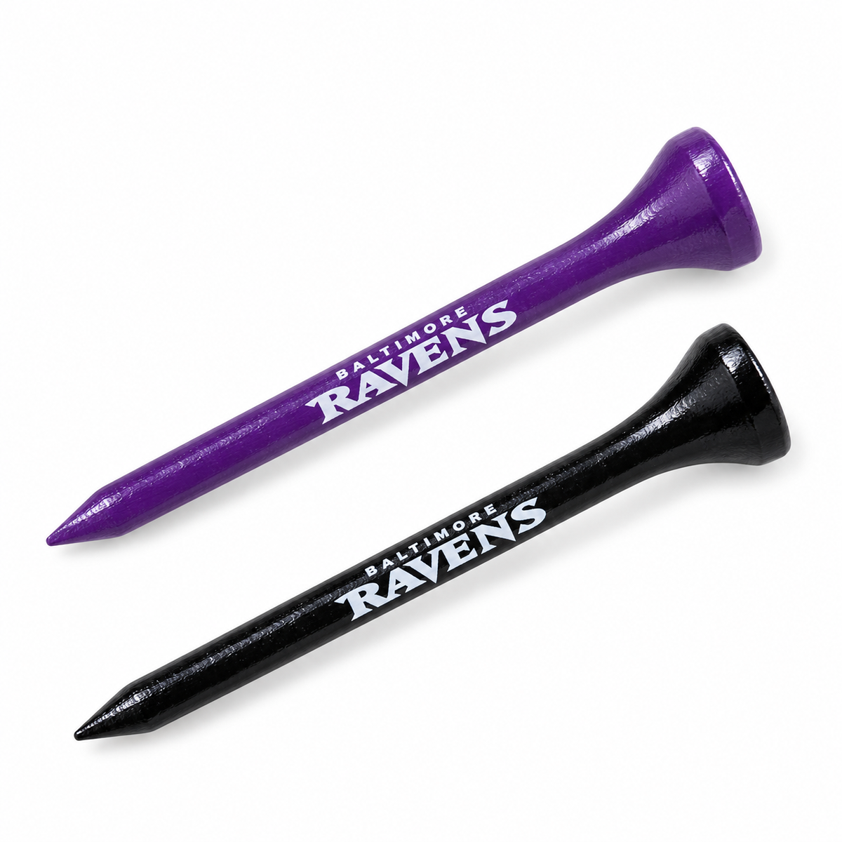 Baltimore Ravens golf tees in purple and black with team lettering.