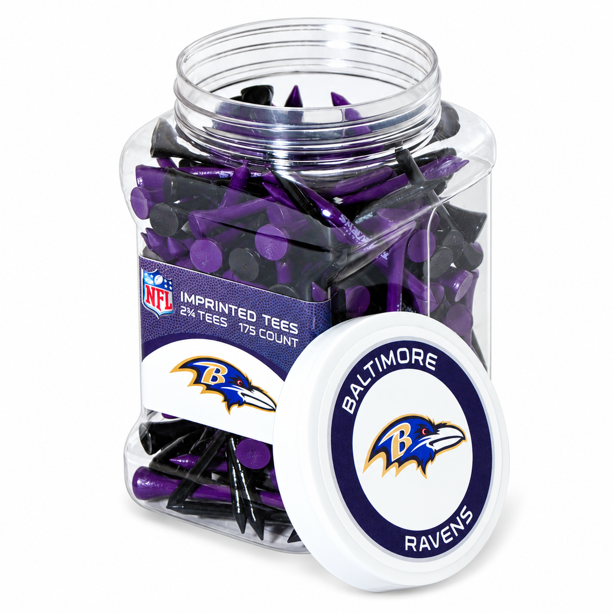 Baltimore Ravens jar containing 175 2¾-inch golf tees with its separate team-logo lid.