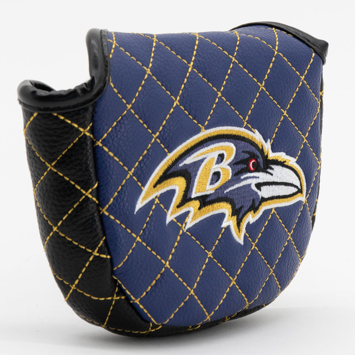 Baltimore Ravens solid quilted mallet putter cover, close-up of the stitching and textured exterior