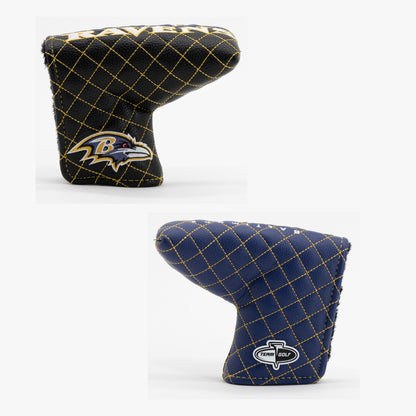 Baltimore Ravens Split Quilted Blade Putter Cover, offset front and back views