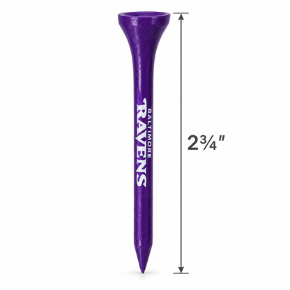 Purple Baltimore Ravens golf tee with a 2¾-inch height measurement.