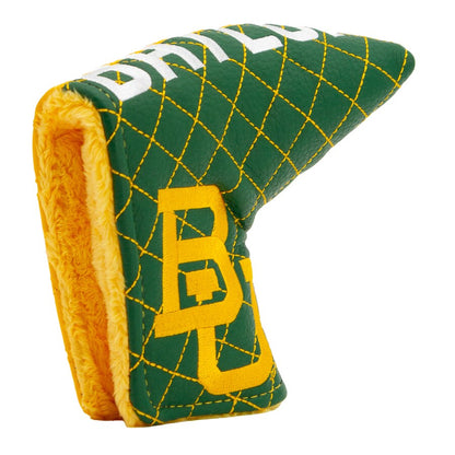 Green and yellow golf club head cover with 'Baylor' branding on a white background