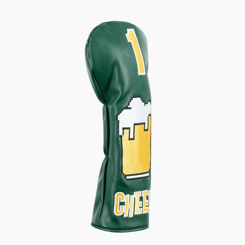 Green golf club head cover with a beer mug design and 'CHEERS' text on a white background