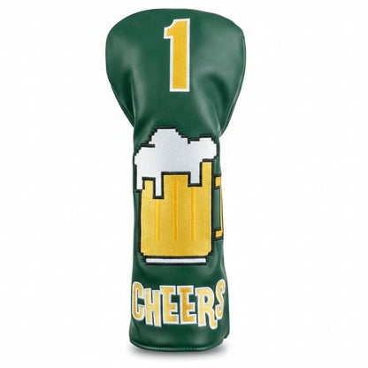 Green golf club head cover with beer mug design and 'Cheers' text on a white background