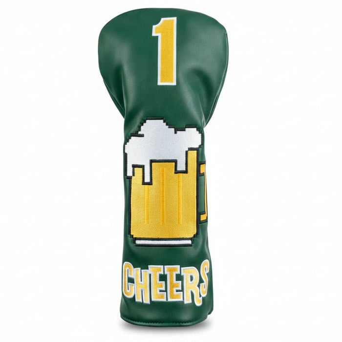 Green golf club head cover with beer mug design and 'Cheers' text on a white background