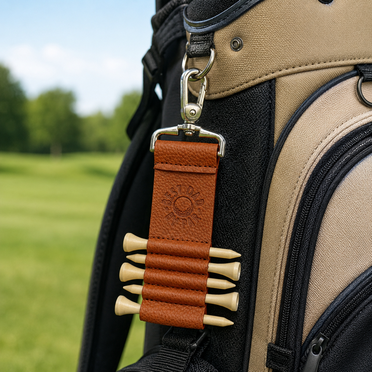 Brown Best Dad By Par tee holder clipped to a golf bag with five tees
