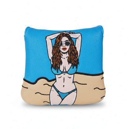 mallet putter golf cover a design of a woman in a bikini on a blue and beige background