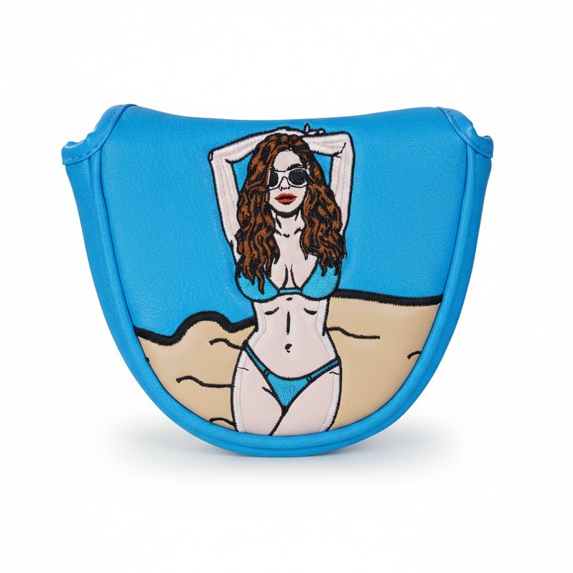 Blue golf putter mallet cover with a graphic of a woman in a bikini on a white background
