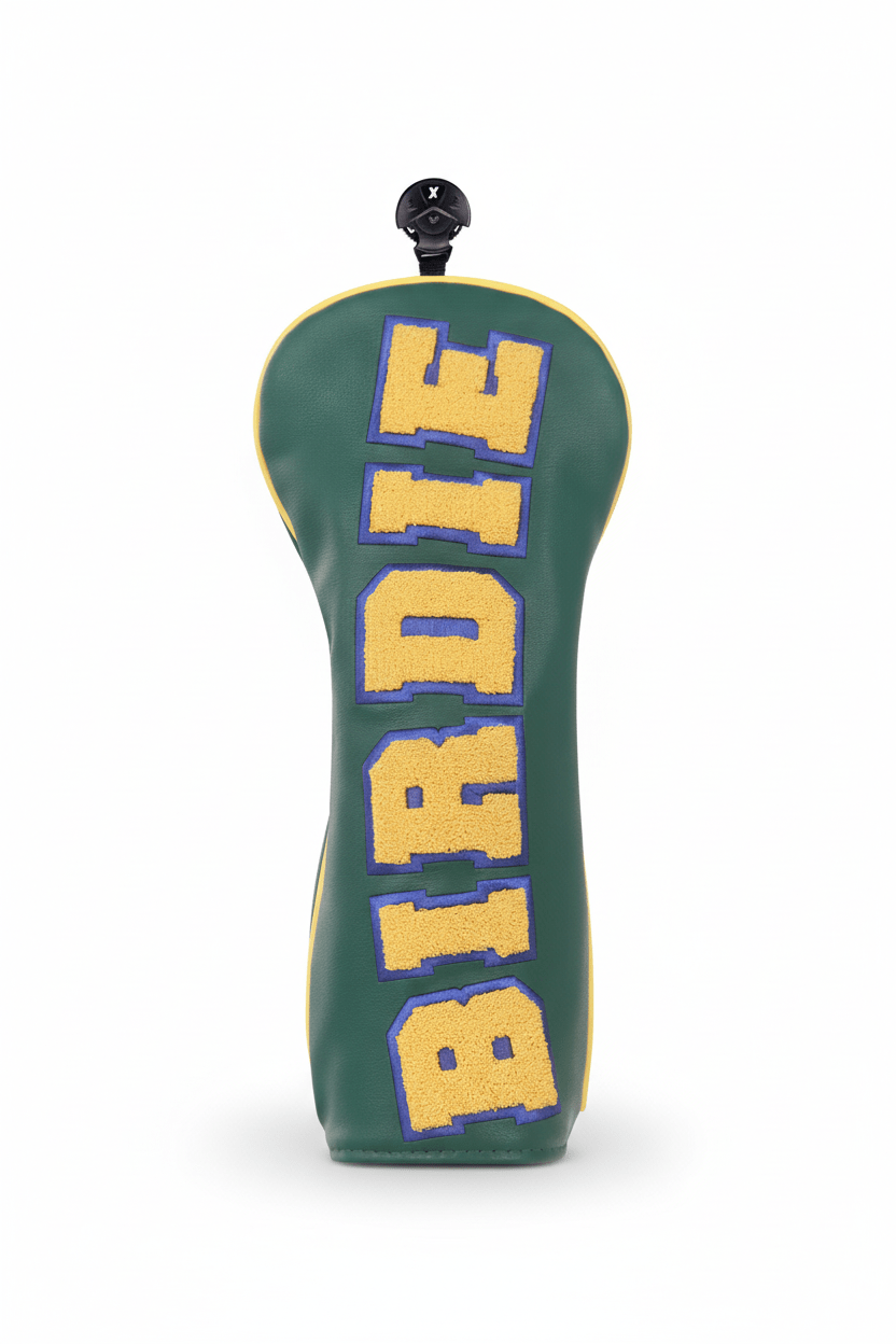 Green golf club head cover with 'BIRDIE' text on a white background
