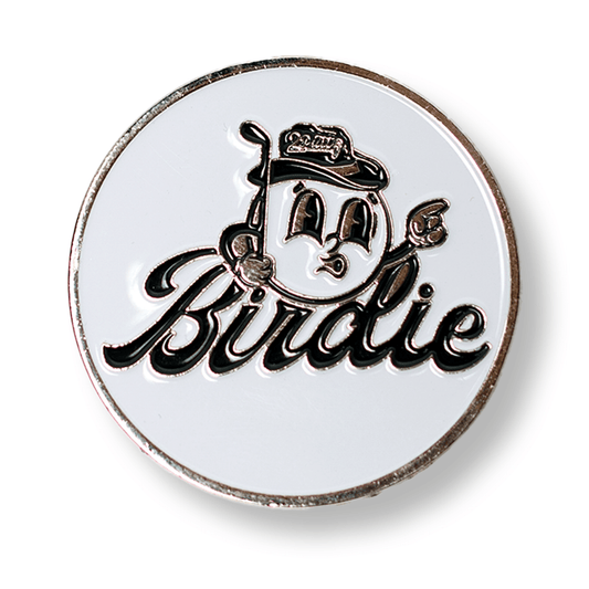 Silver round golf ball marker featuring a cartoon bird wearing a hat and the word 'Birdie' engraved on a white background
