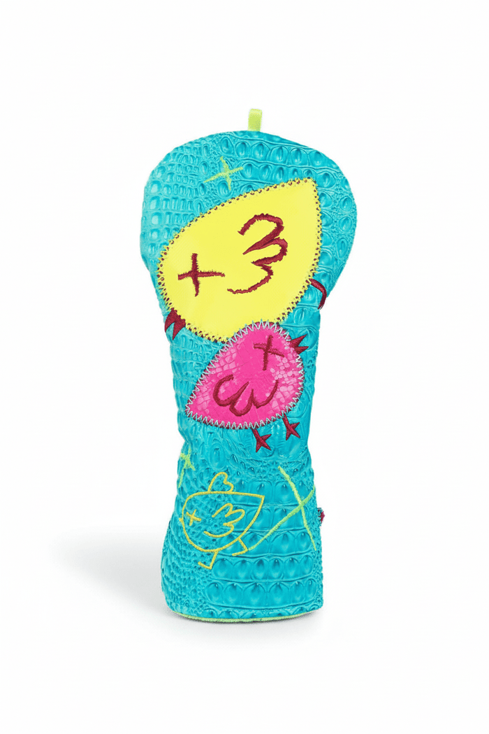 Turquoise children's mittens with colorful designs on a white background