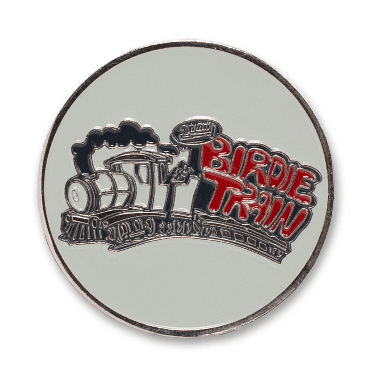 Round silver golf ball marker with engraved train and red 'Birdie Train' text on white background