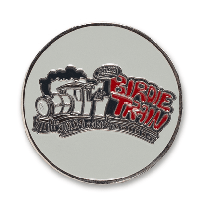 Round silver golf ball marker with engraved train and red 'Birdie Train' text on white background