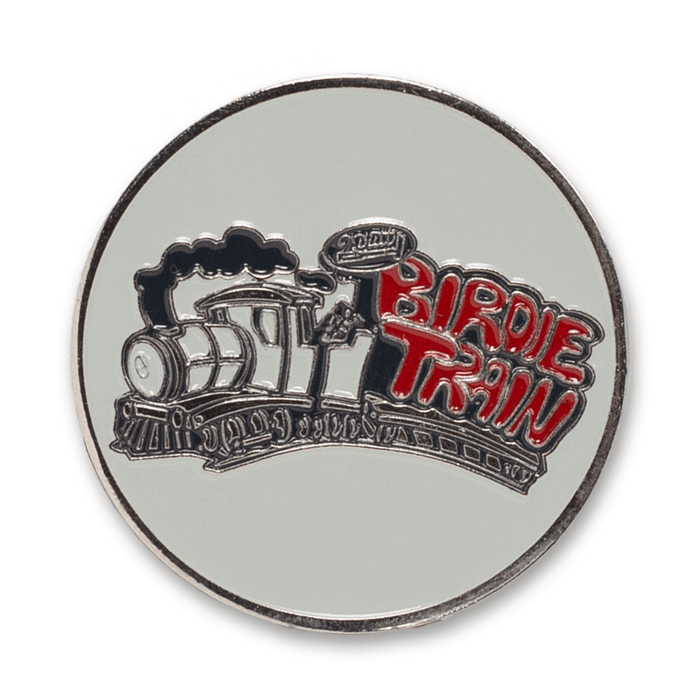 Round silver golf ball marker with engraved train and red 'Birdie Train' text on white background