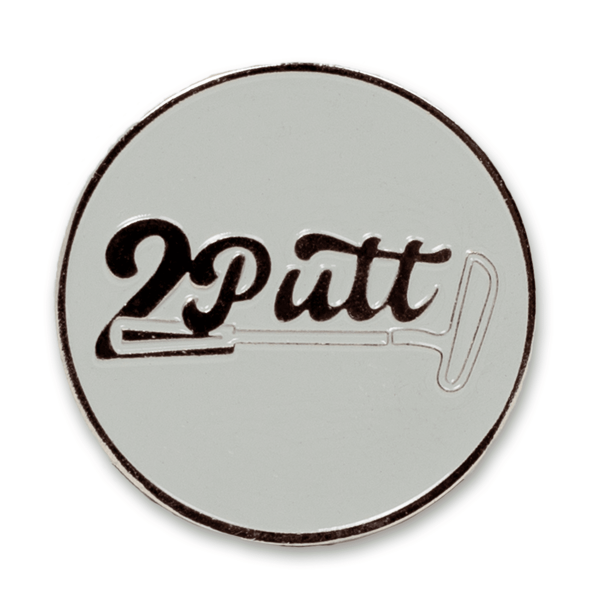 Round silver golf ball marker featuring black '2 Putt' script and putter graphic on white background
