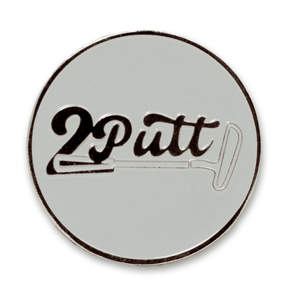 Round silver golf ball marker featuring black '2 Putt' script and putter graphic on white background