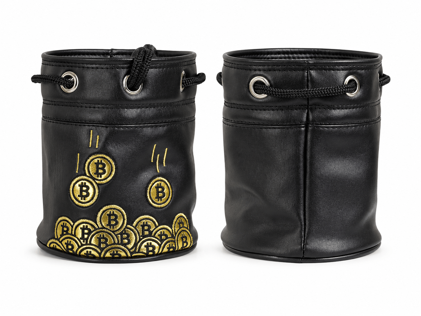 Black leather bucket with Bitcoin symbol design on a white background