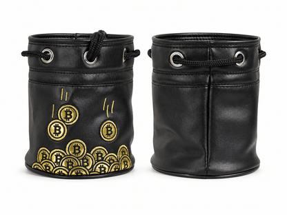 Black leather bucket with Bitcoin symbol design on a white background